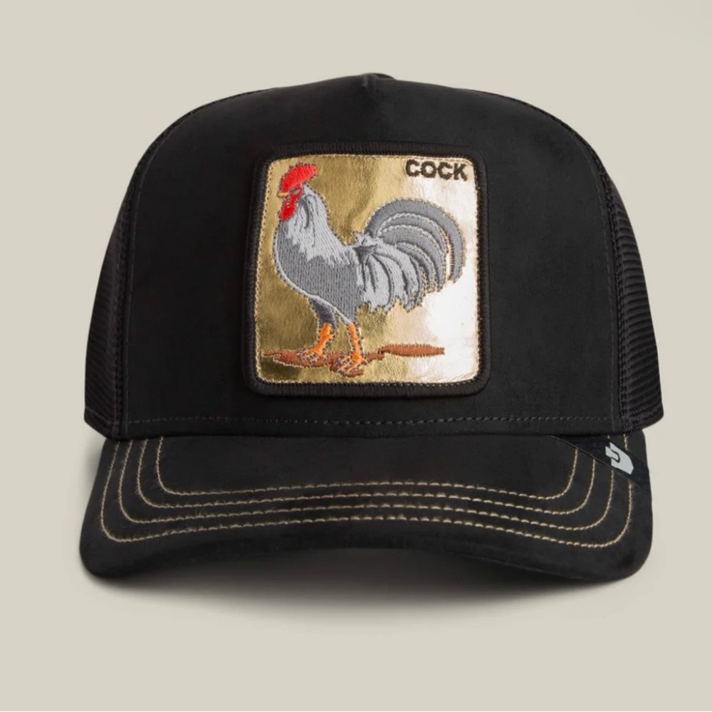 Goorin bros. Classic Black MICROSUEDE GOLDEN Rooster Patch Trucker Hat